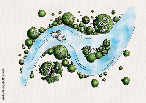 Architectural top view landscape plan with curved river trees and small bridge for garden design