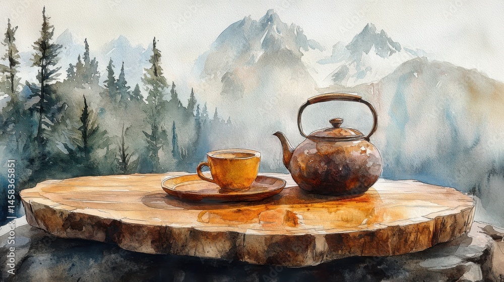 A rustic teapot and cup sit on a wooden table with a scenic mountain view in the background.