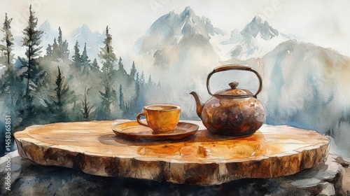 Obraz na płótnie A rustic teapot and cup sit on a wooden table with a scenic mountain view in the background. w salonie