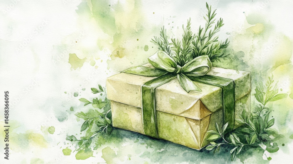A watercolor illustration of a green gift box decorated with leaves and tied with a ribbon, surrounded by foliage.