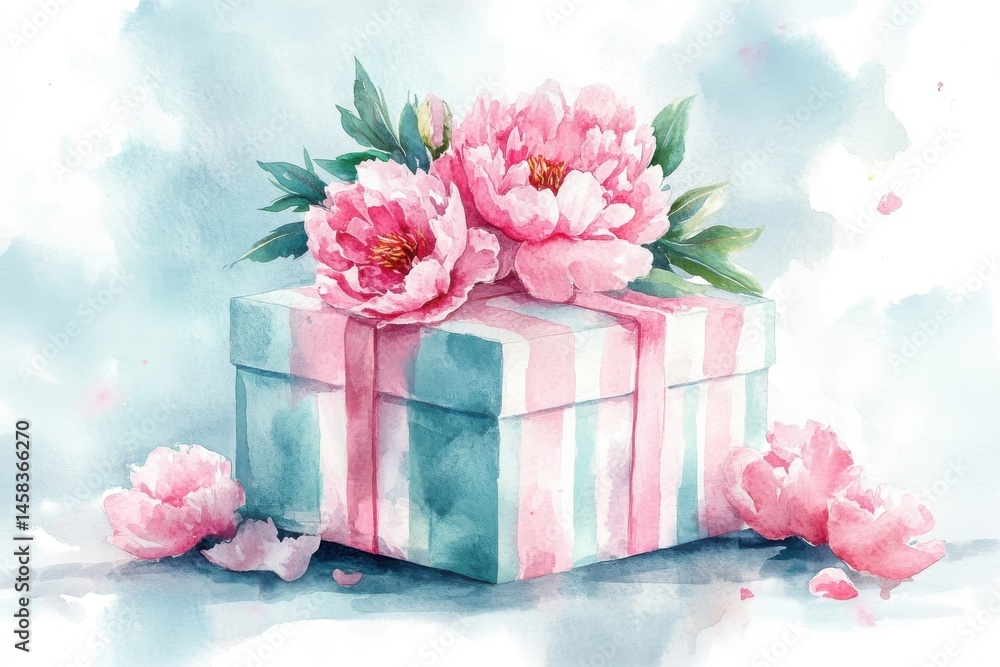 A pastel gift box adorned with pink peonies, painted in a delicate watercolor style.