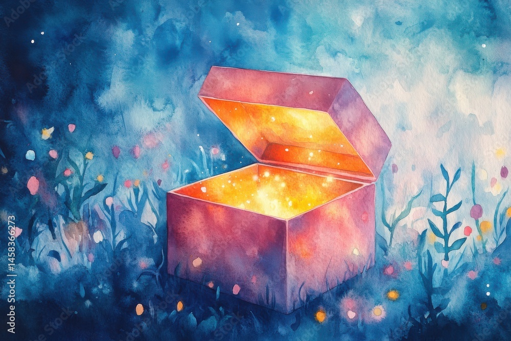 A glowing magic box sits open in a dreamy, flower-filled meadow, radiating light and wonder against a mystical blue background.