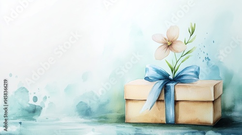 Obraz na płótnie A beautifully wrapped gift box with a blue ribbon and a delicate flower on top, set against a soft watercolor background. w salonie