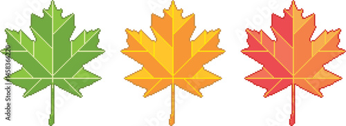 Pixel art maple leaves. Colorful autumn foliage in retro 8-bit style. Vector symbols for video game designs, fall season patterns and decorations.