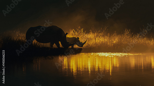 Golden hour reflection of an adult and young rhinoceros drinking piddle in a unagitated savanna setting.