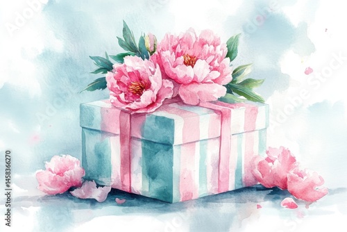 Obraz na płótnie A pastel gift box adorned with pink peonies, painted in a delicate watercolor style. w salonie