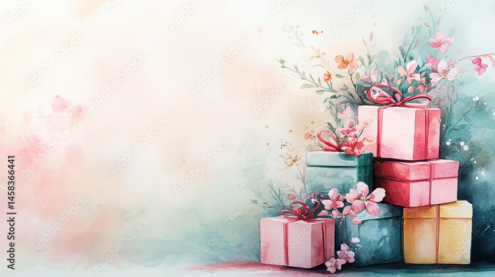 A soft watercolor illustration of pastel gift boxes with floral accents, stacked artistically on a gentle gradient background.