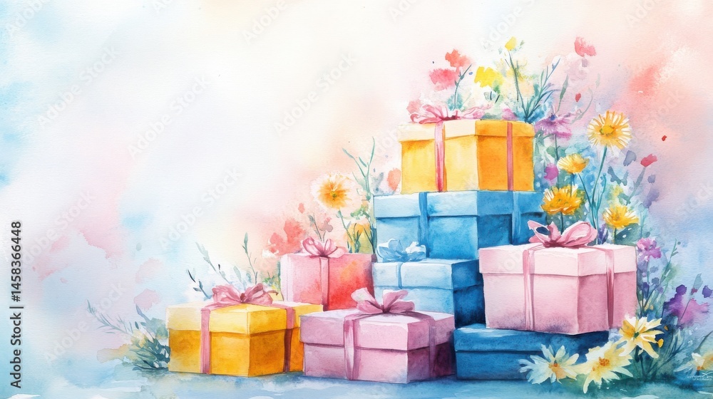 A stack of colorful gift boxes with ribbons surrounded by flowers, painted in a soft watercolor style.
