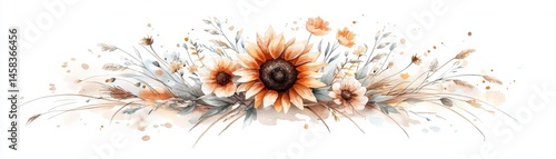 Watercolor illustration of sunflowers and wildflowers arranged horizontally in a delicate, natural style.