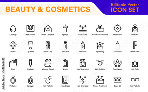 Organic Beauty and Cosmetics product outline icon set. editable line icon collection.