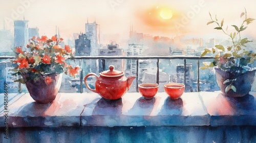 A tranquil sunrise scene with a teapot, cups, and flowers on a balcony overlooking a city skyline.