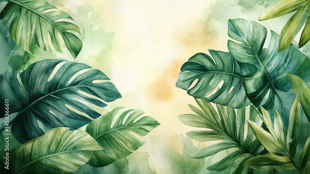 Watercolor illustration of lush green tropical leaves with a soft, light background.