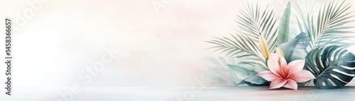 Tropical leaves and a pink flower arranged on a soft pastel background for a serene, natural look.