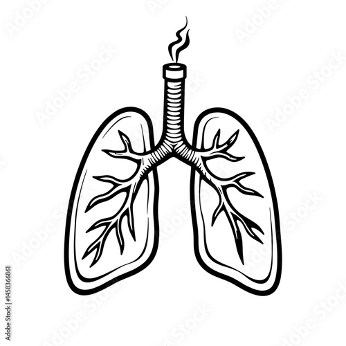 Detailed line art of lungs with smoke symbol, health awareness