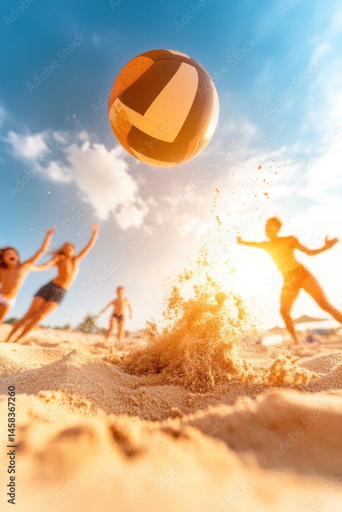 Teenagers enjoying beach volleyball and sharing laughter during a sunny day at the beach