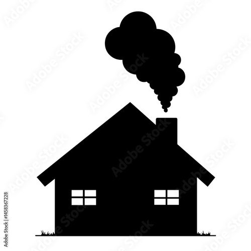 House silhouette emitting dark smoke on white background, pollution concept