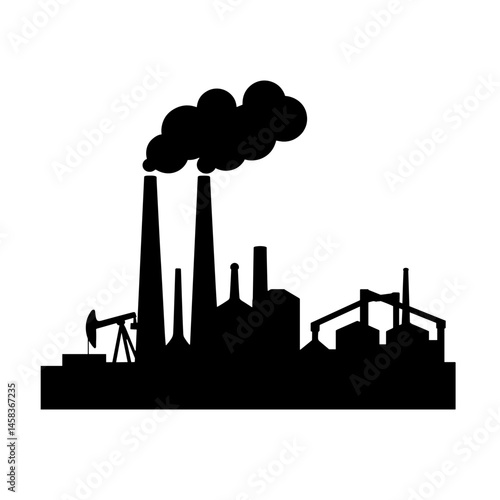 Silhouette of oil refinery emitting black smoke on white background, pollution
