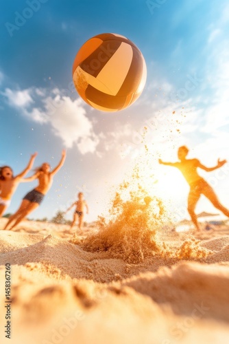 Obraz na płótnie Teenagers enjoying beach volleyball and sharing laughter during a sunny day at the beach w salonie
