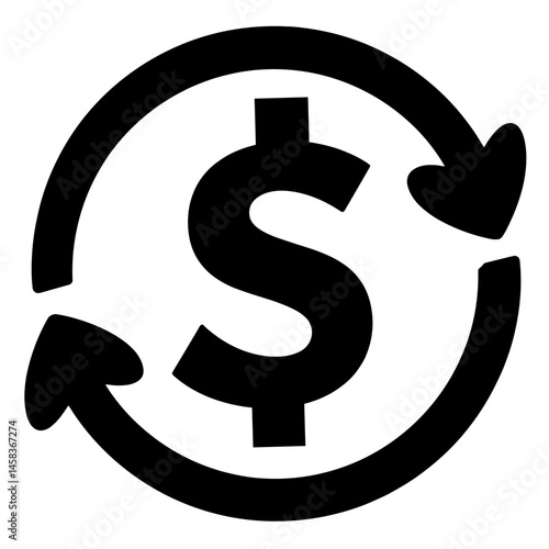 Cashback icon silhouette with dollar arrow in black and white, finance concept