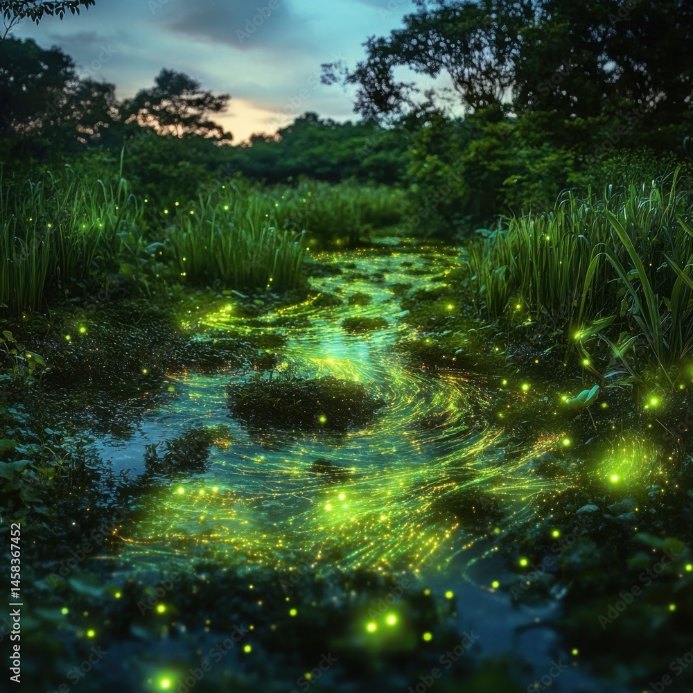 Fototapeta premium Enchanted Forest Stream with Glowing Fireflies at Dusk