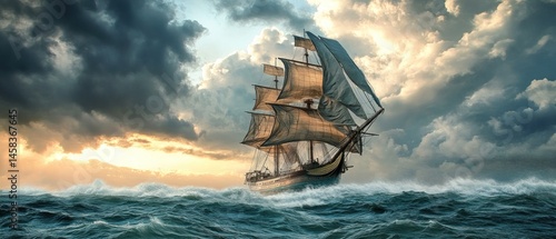 Sailing ship in dramatic ocean storm sunset seascape