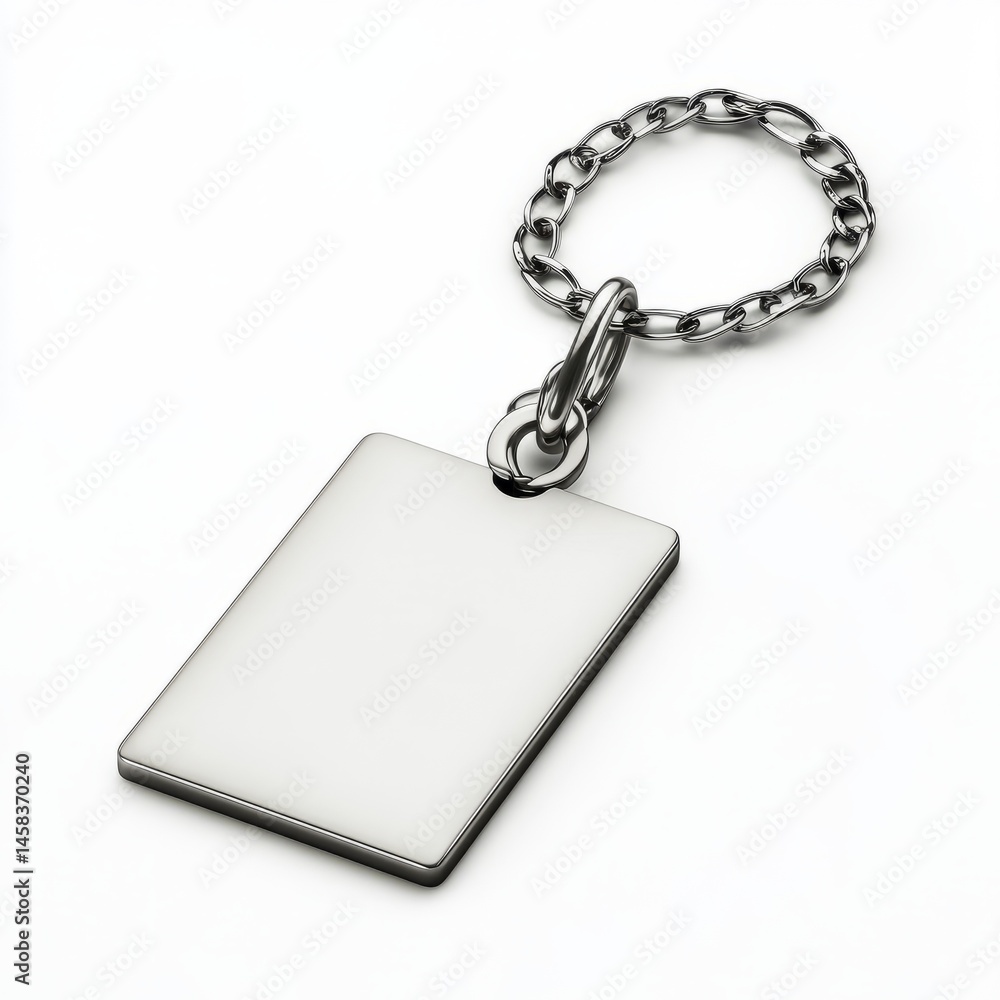 Fototapeta premium Personalized metal keychain blank rectangle tag silver chain accessory for engraving and gifts design mockup