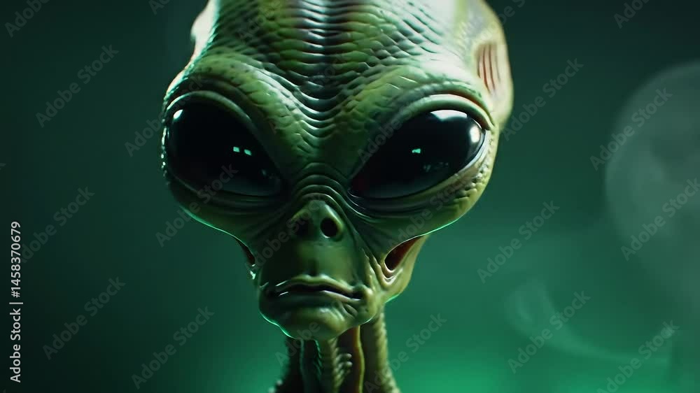 Classic green alien head in dark laboratory with eerie glow Classic green alien head in dark laboratory with eerie glow