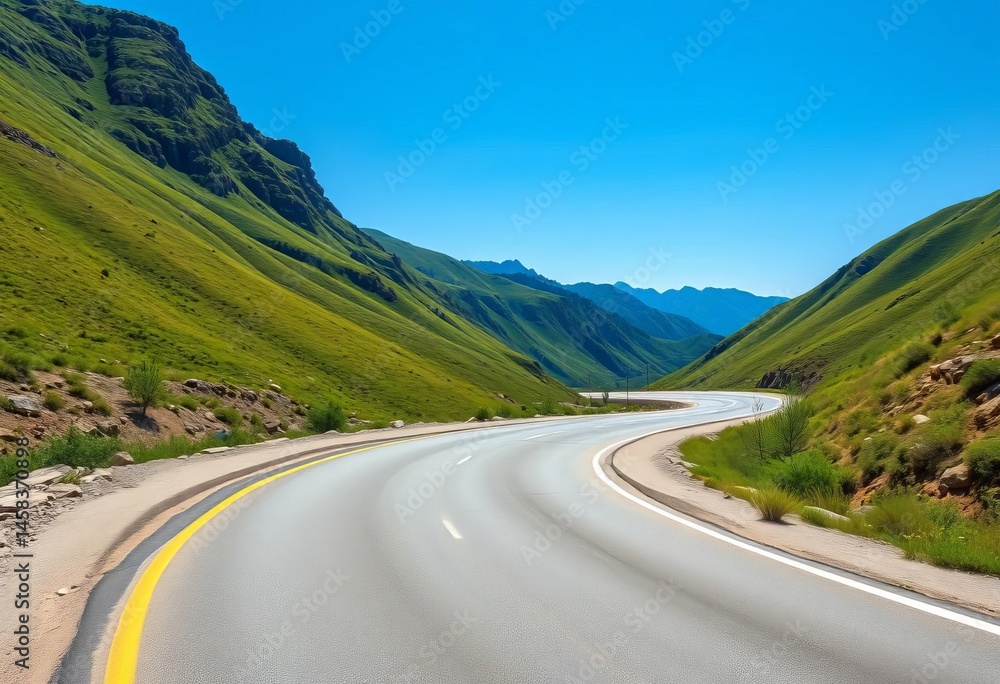 Fototapeta premium Empty asphalt road curves through vibrant green mountains under a clear blue sky, stock photo, scenic