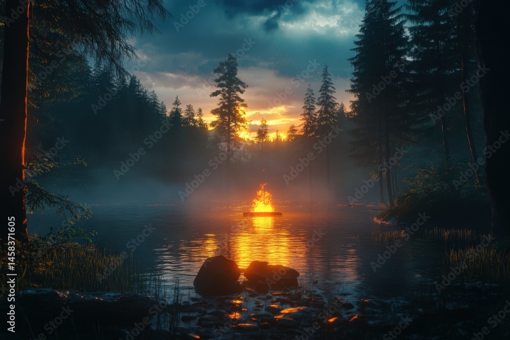 Fototapeta premium Serene sunset over a forest river with bonfire.