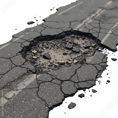 Damaged asphalt road with potholes and cracks, isolated on a white background