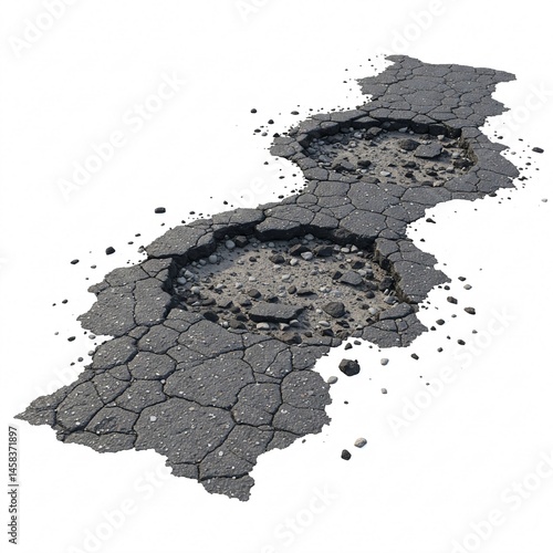 Damaged asphalt road with potholes and cracks, isolated on a white background
