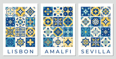 Keuken achterwand Portugese tegeltjes patronen Blauw geel mediterraan geometrisch mozaïek tegelmotief  © IRYNA