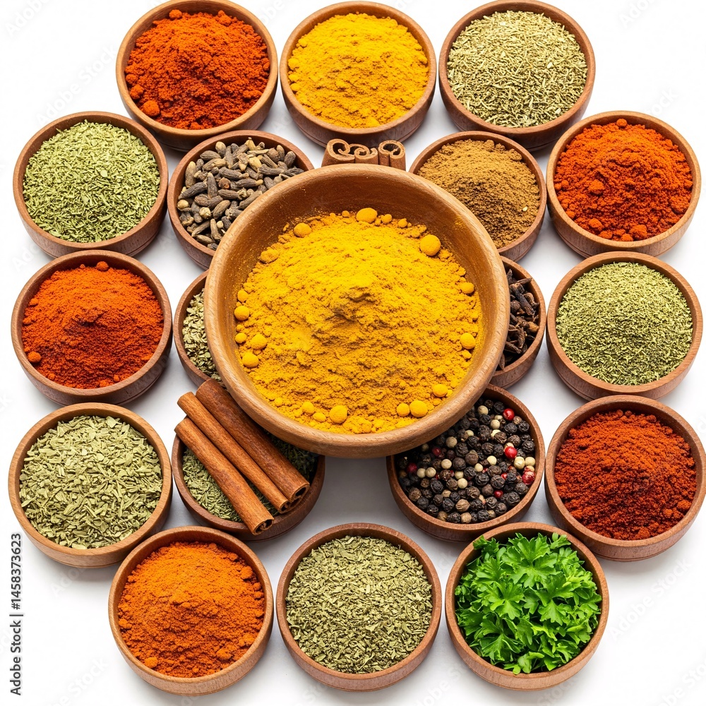 Wooden bowls with various colorful spices and herbs, top view Wooden bowls with various colorful spices and herbs, top view