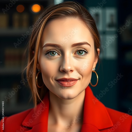 A smiling woman with green eyes and hoop earrings is in focus against a blurred background of warm-toned lights.
AI-generated image