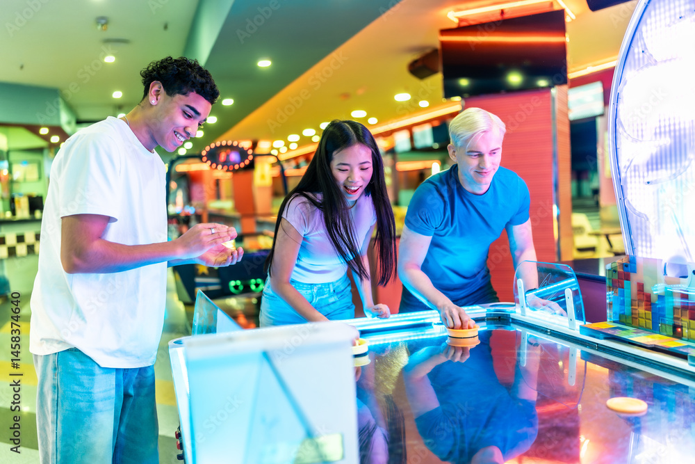 Multiethnic friends playing air hockey in entertainment center