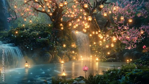 Enchanting waterfall garden illuminated by lanterns. Lush, mystical forest scene