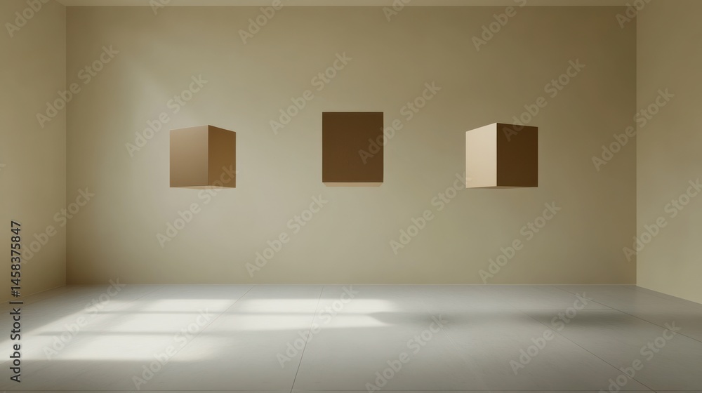 Minimalist Interior: Three Cubes in a Beige Room Minimalist Interior: Three Cubes in a Beige Room