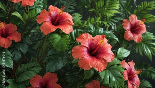Wallpaper Mural Vibrant hibiscus blooms, lush green tropical foliage ,  background,  illustration,  texture Torontodigital.ca
