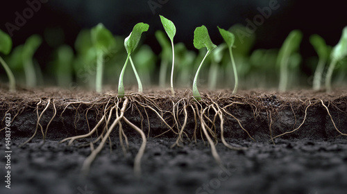 Vista subterránea de plántulas con raíces visibles creciendo en tierra fértil en un entorno natural

