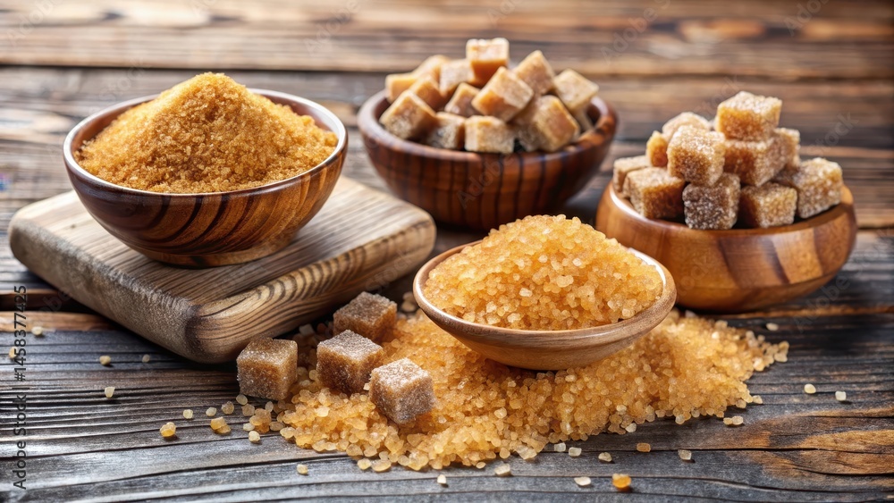 Natural brown sugar crystals on a wooden table in a rustic setting surrounded by unbleached white and muscovado sugars , wooden table, unbleached Natural brown sugar crystals on a wooden table in a rustic setting surrounded by unbleached white and muscovado sugars , wooden table, unbleached