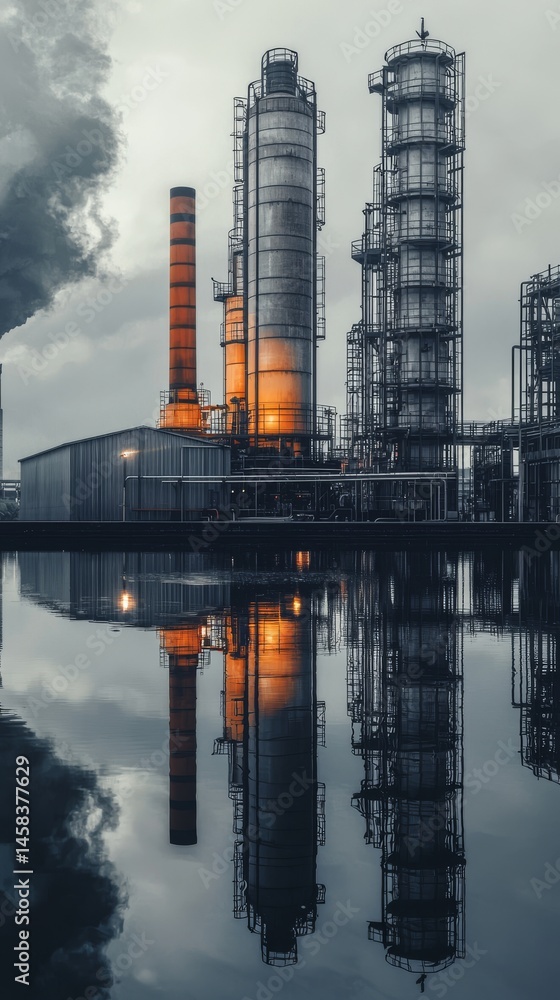 Naklejka premium Manufacturing facility reflected in calm water under dramatic skies.