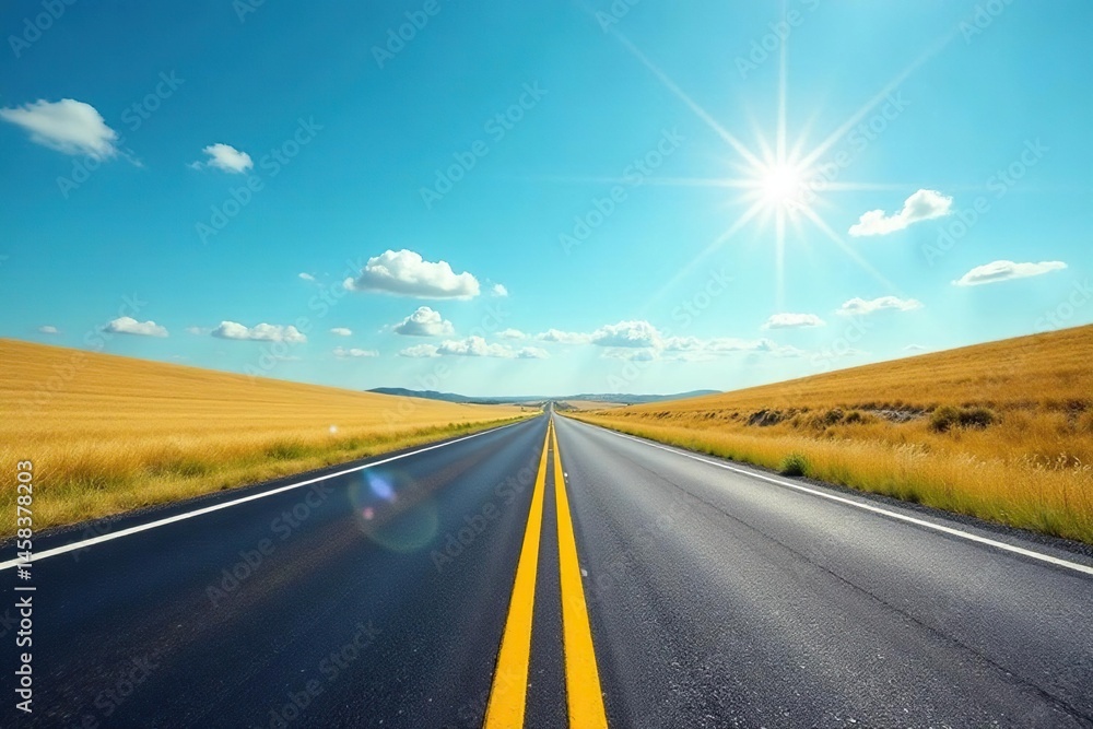 Fototapeta premium Asphalt road stretches, yellow line wavers in heat, clear blue sky above Summer travel, open road , blue, heat, road