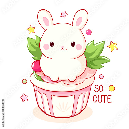 Little bunny with dessert in kawaii style. Cake, muffin and cupcake with whipped cream and berry. Inscription So cute. Can be used for t-shirt print, sticker, greeting card. Vector illustration EPS8