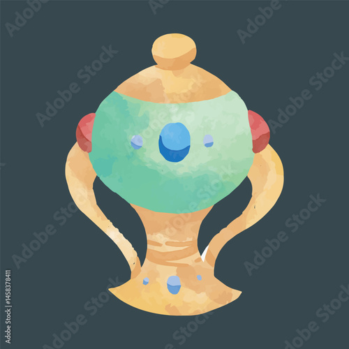 Ornate Golden Vessel with Jewels Watercolor Illustration