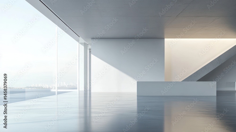 Fototapeta premium Modern minimalist interior with city skyline view