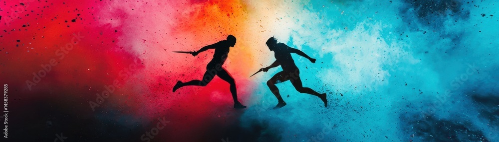 Naklejka premium Dynamic silhouettes of athletes competing in a colorful, energetic backdrop.