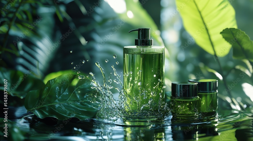 Fresh Green Botanicals: A sophisticated composition showcasing two bottles of green liquid. The larger bottle is a pump bottle, with the smaller bottle a spray. Fresh Green Botanicals: A sophisticated composition showcasing two bottles of green liquid. The larger bottle is a pump bottle, with the smaller bottle a spray.