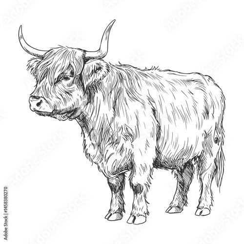 Vintage style profile illustration of Highland cow facing left with long shaggy hair and curved horns in hand-drawn farm sketch