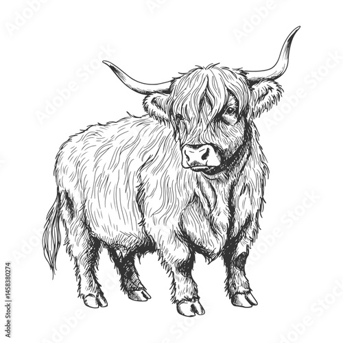 Rustic hand-drawn sketch of Highland cow with thick shaggy fringe over eyes and curved horns in a detailed farm illustration