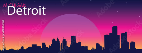 silhouette of Detroit, Michigan against the evening sky. Skyscrapers, pink sun or moon are visible.